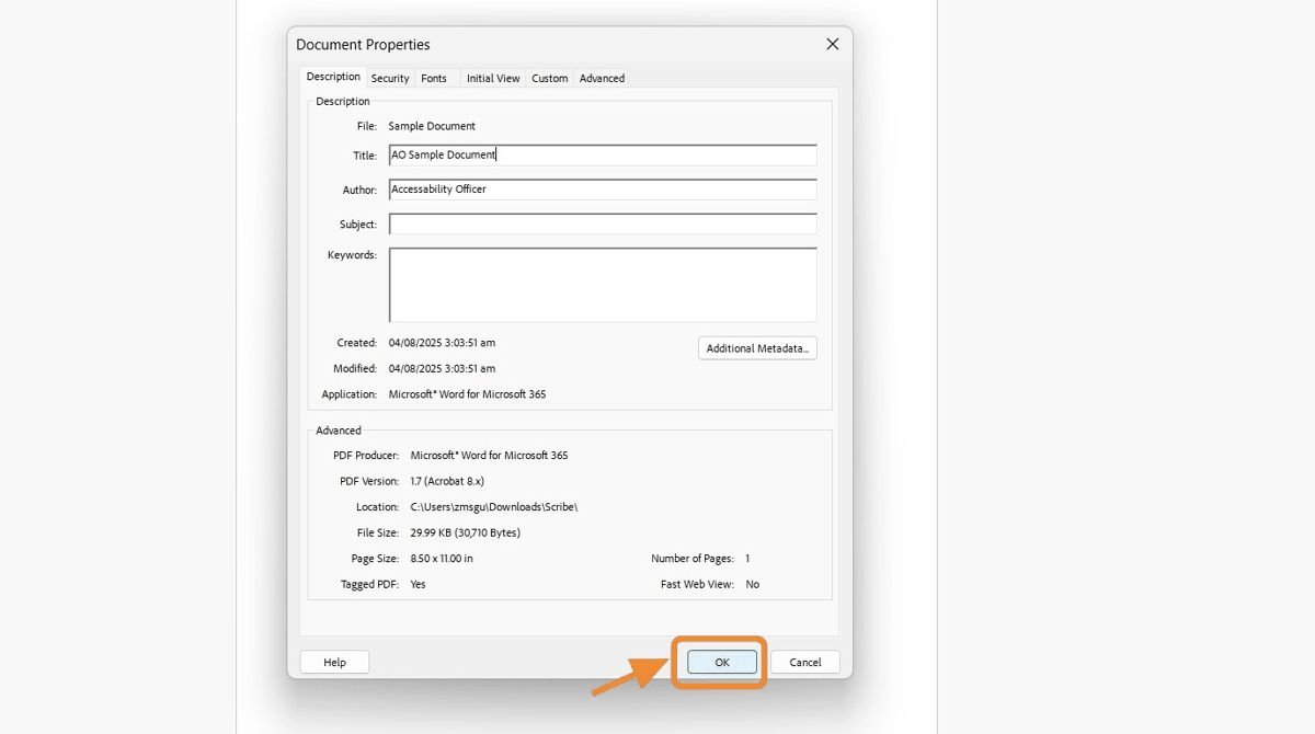 Screenshot of Acrobat Document Properties window with the &ldquo;OK&rdquo; button highlighted, on the lower right