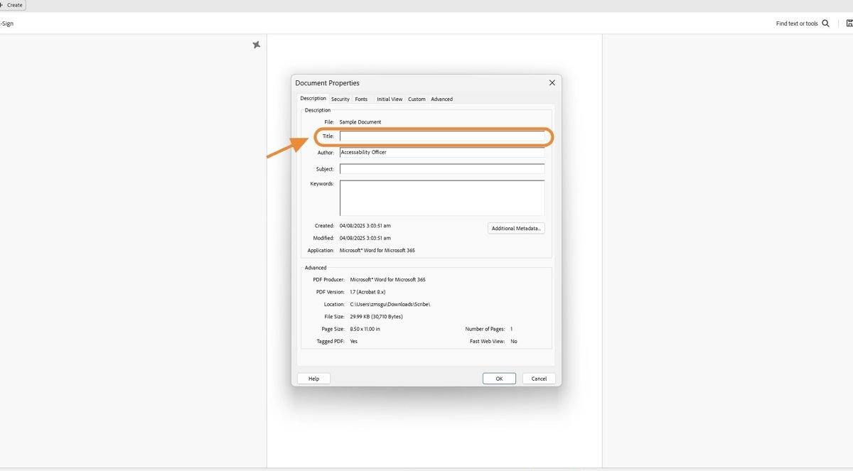 Adobe Acrobat Document Properties window open on the Description tab, highlighting the &ldquo;Title&rdquo; field
