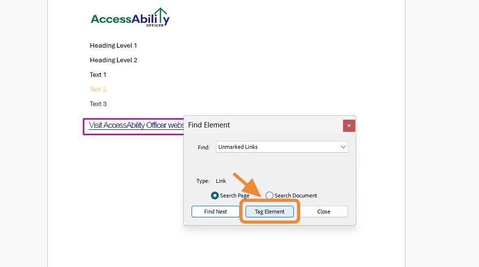 Adobe Acrobat &ldquo;Find Element&rdquo; dialog box with a link highlighted in the document. The Tag Element button is highlighted with an orange box and arrow.
