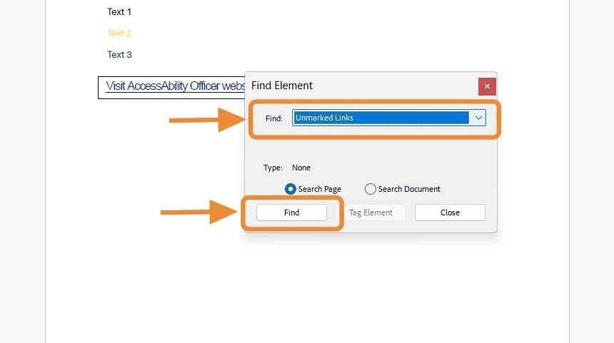 Adobe Acrobat &ldquo;Find Element&rdquo; dialog box with &ldquo;Unmarked Links&rdquo; selected and highlighted with an orange box and arrow.