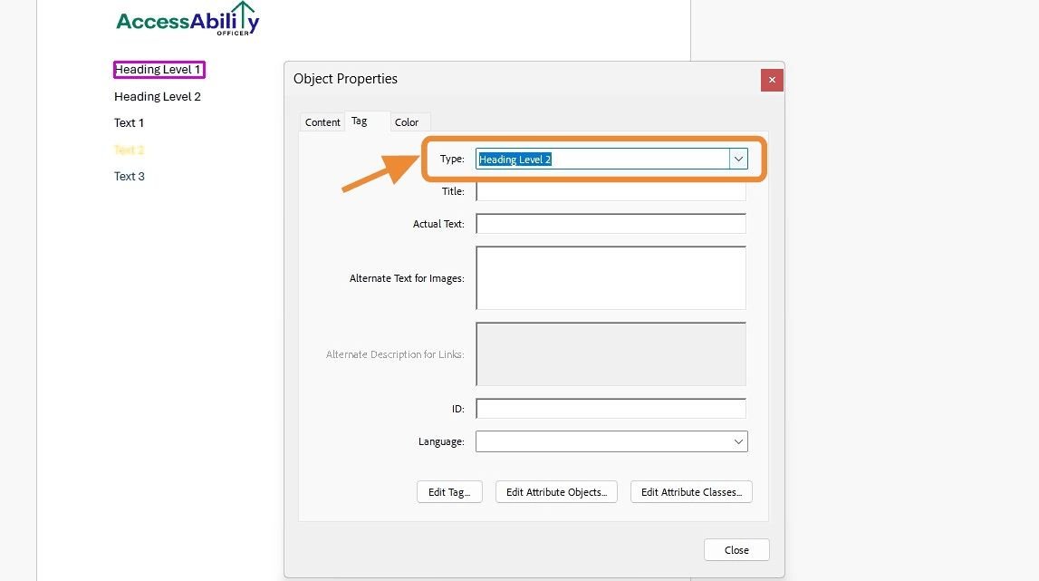 The &ldquo;Object Properties&rdquo; dialog box is open in Adobe Acrobat Pro, showing a tag Type set to &ldquo;Heading Level 2.&rdquo; The page text &ldquo;Heading Level 1&rdquo; is highlighted in pink.