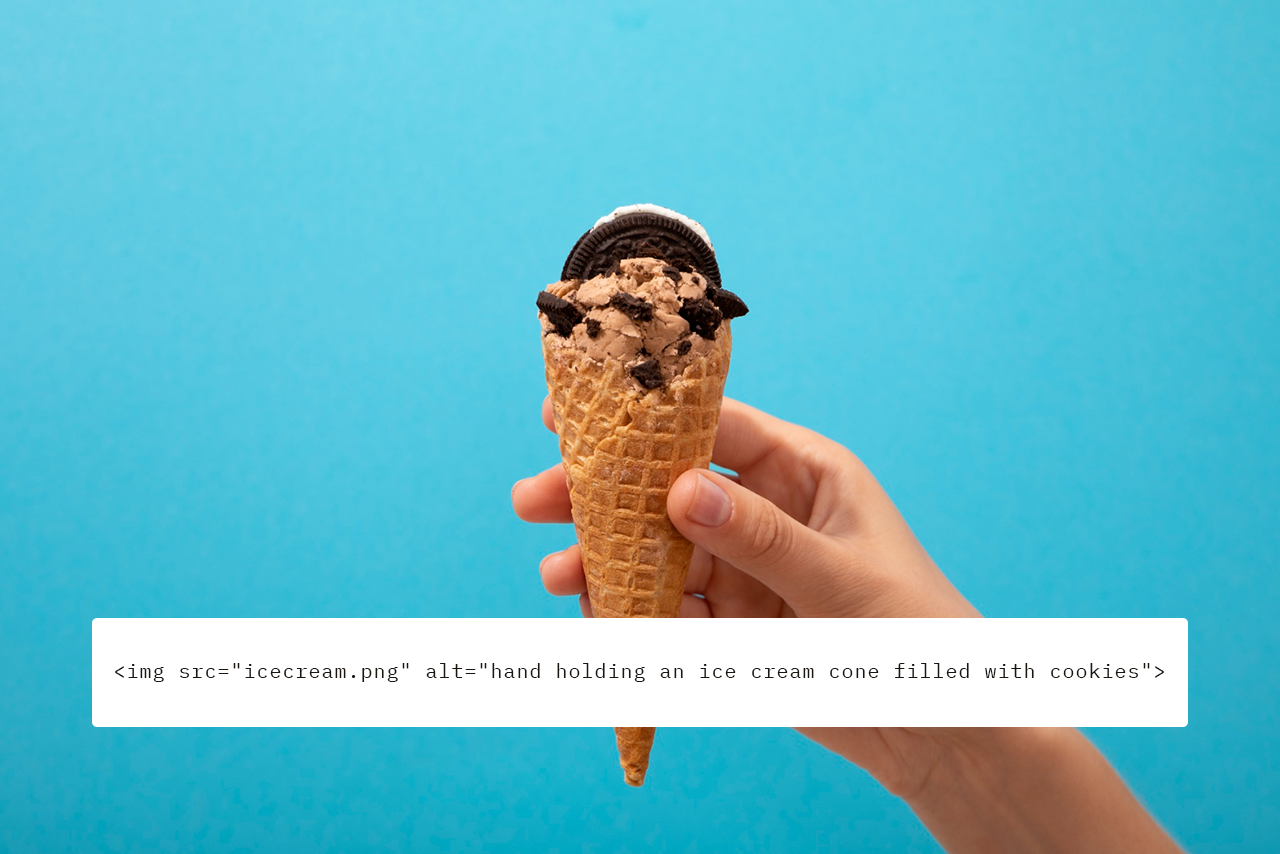 A hand is holding an ice cream cone filled with cookies. Above it, a piece of code demonstrates how to write alternative text.