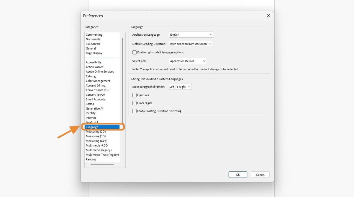 The Preferences window in Adobe Acrobat is displayed, showing a list of categories on the left with &ldquo;Language&rdquo; highlighted