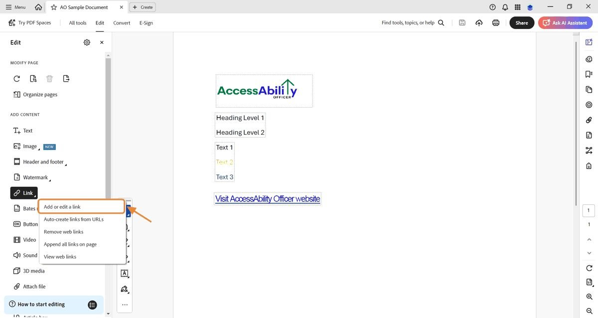 Adobe Acrobat window showing a sample document with the AccessAbility Officer logo, headings, and text. The &ldquo;Edit&rdquo; menu is open with &ldquo;Link&rdquo; options expanded, and an orange arrow highlights the option &ldquo;Add or edit a link.&rdquo;