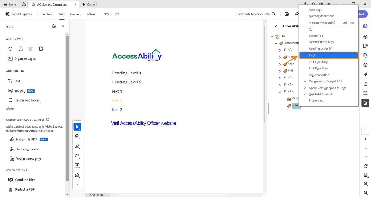 Adobe Acrobat &ldquo;Find Element&rdquo; dialog box with a link highlighted in the document. The Tag Element button is highlighted with an orange box and arrow.