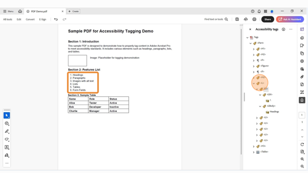 Adobe Acrobat screenshot showing an improperly tagged list missing the required <L> container. Review and manually fix using <L>, <LI>, <Lbl>, and <LBody> tags in the tag tree.