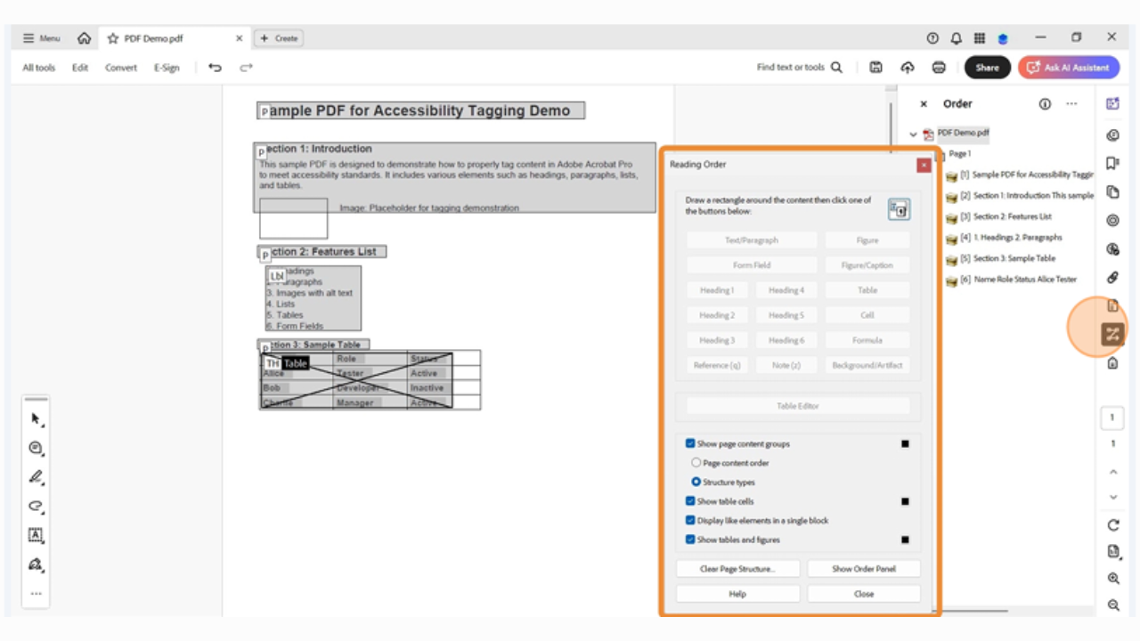 Tags panel in Adobe Acrobat displaying a misstructured tag order with reading order issues.