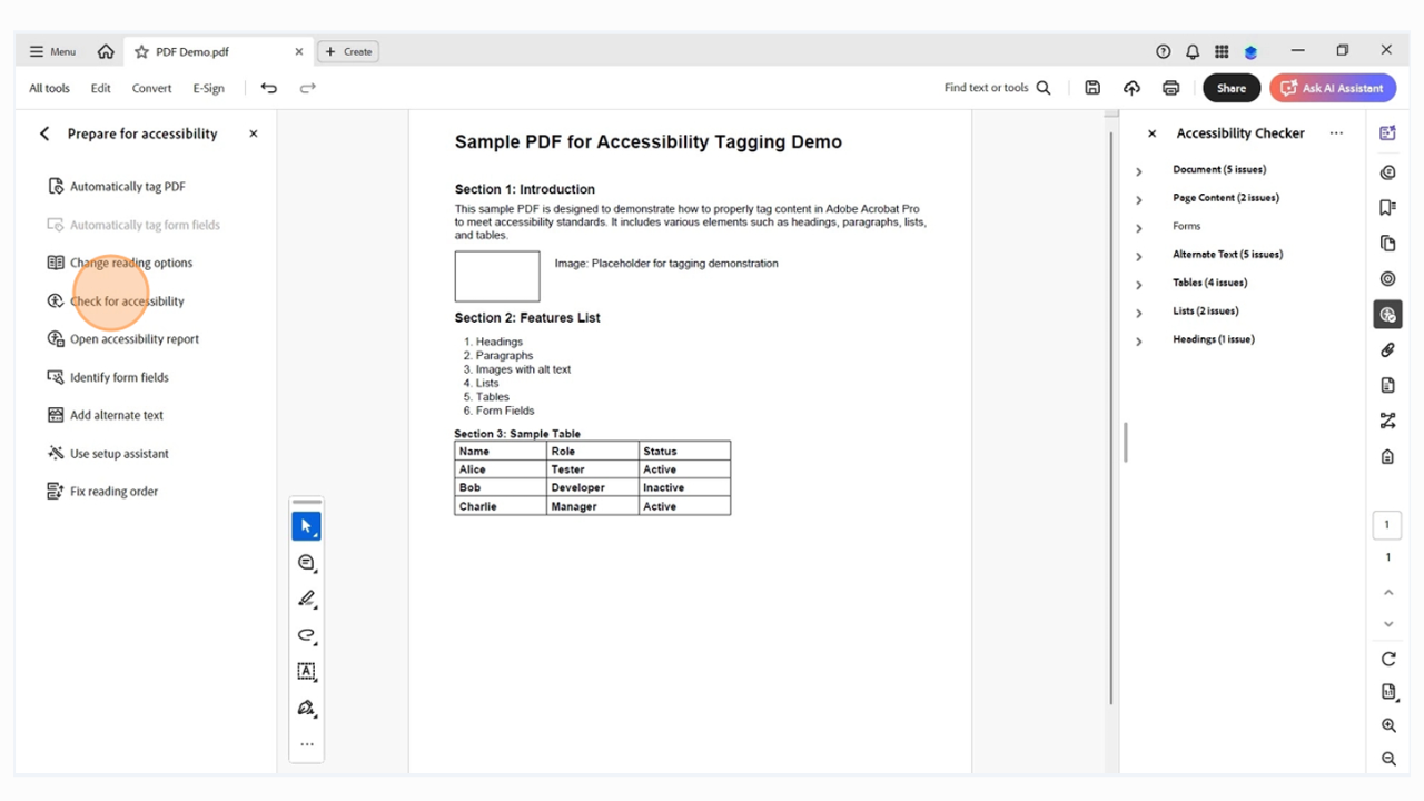  Adobe Acrobat interface highlighting the &ldquo;Accessibility&rdquo; panel with the Accessibility Check tool visible.