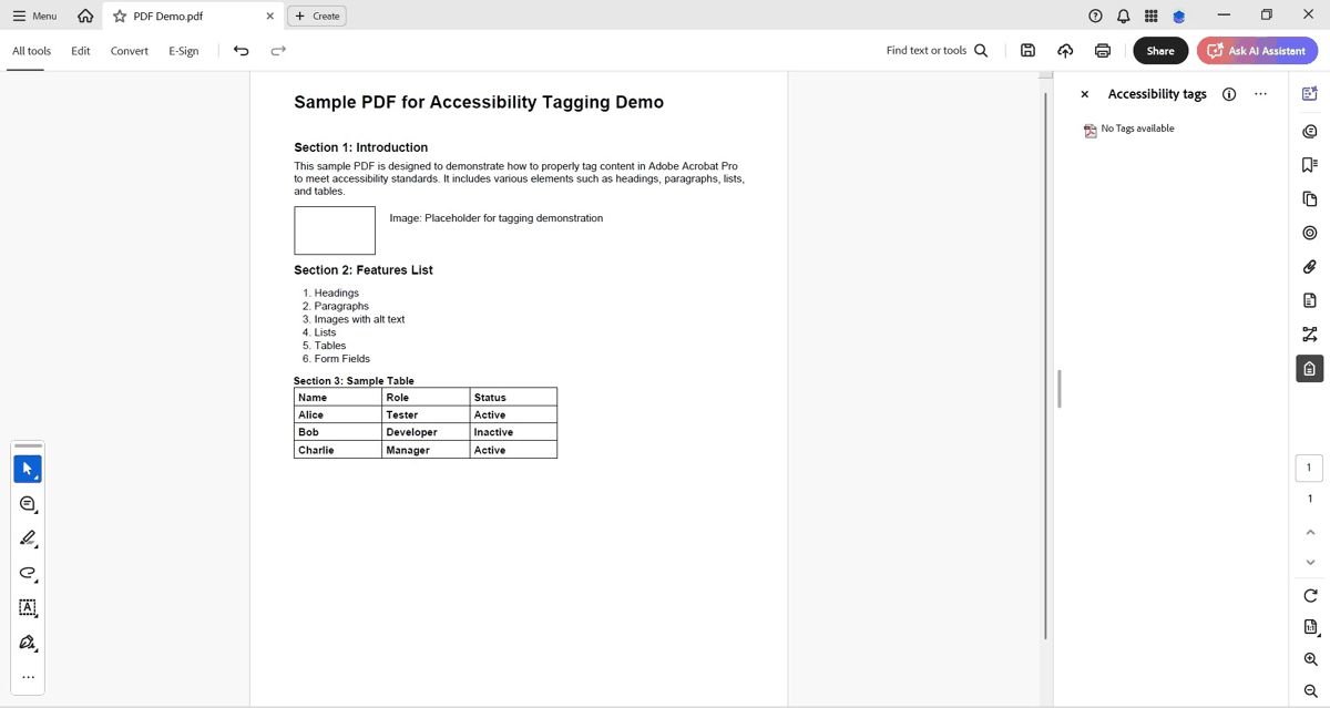 PDF demo with sections, list, image placeholder, and table; Tags panel shows 'No Tags available'.