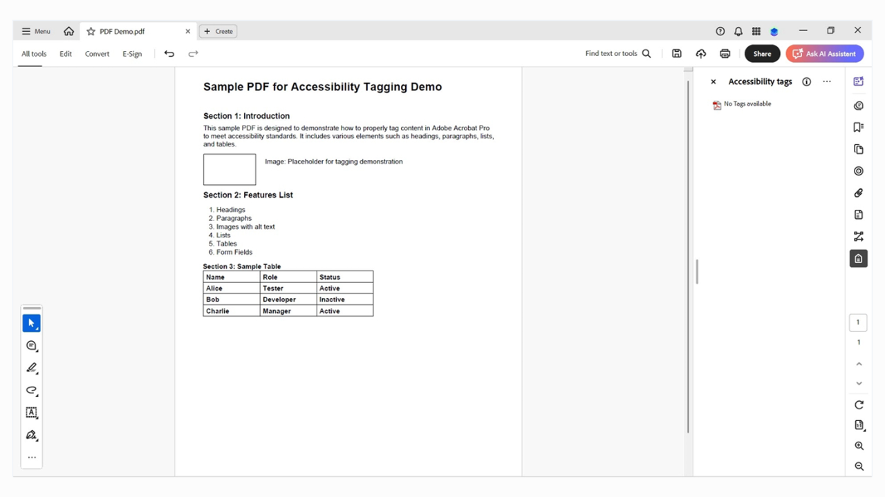 Tags panel opened in Adobe Acrobat showing a nested structure of a well-tagged accessible PDF document.