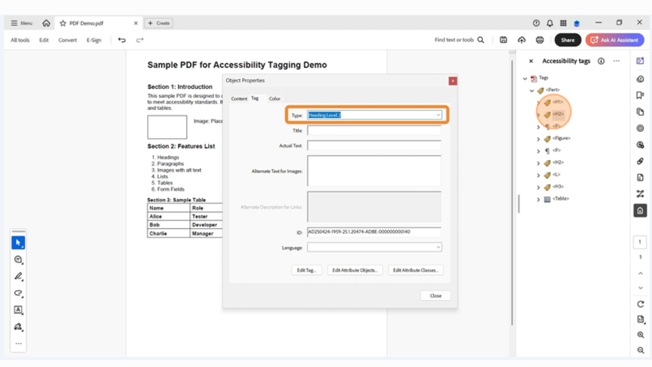 Image tag properties in Adobe Acrobat with an alt text field being filled in for accessibility compliance.