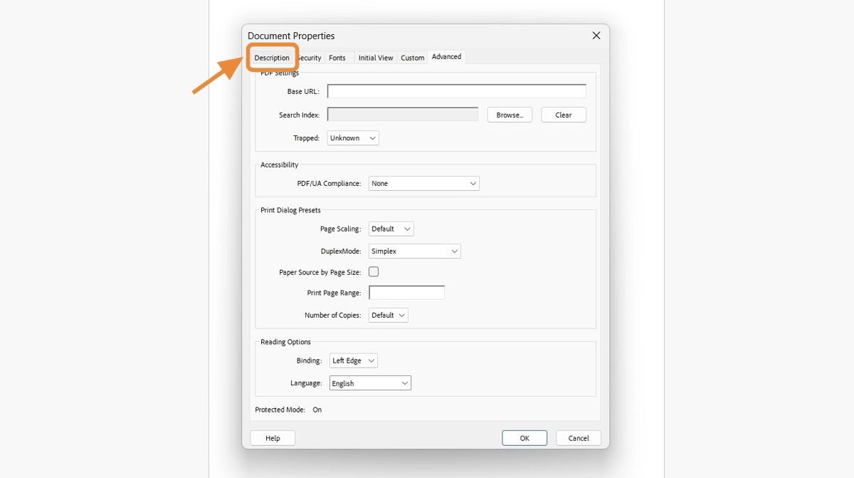 Showing Document Properties dialog box, highlighted the Description tab.