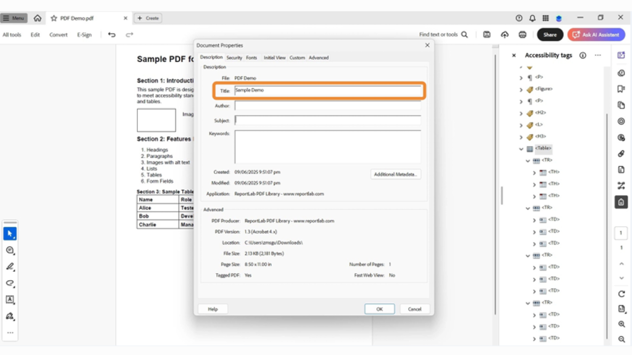 Page Properties panel in Adobe Acrobat showing how to set the tab order to &ldquo;Use Document Structure.&rdquo;