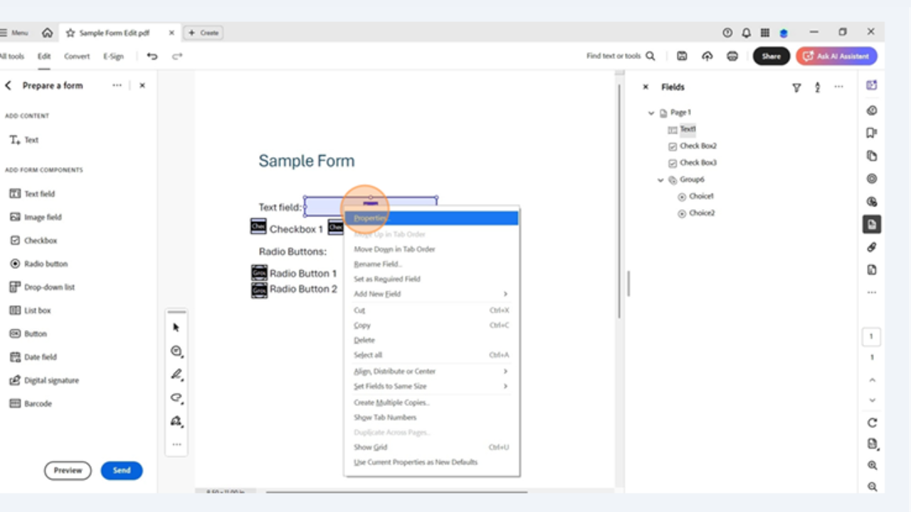 Right-click menu on text field in Acrobat Pro with Properties option selected for form customization.