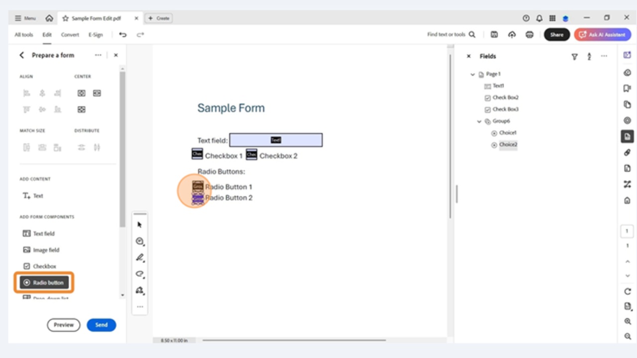 Radio button field selected in Acrobat Pro with grouped options labeled Radio Button 1 and Radio Button 2.