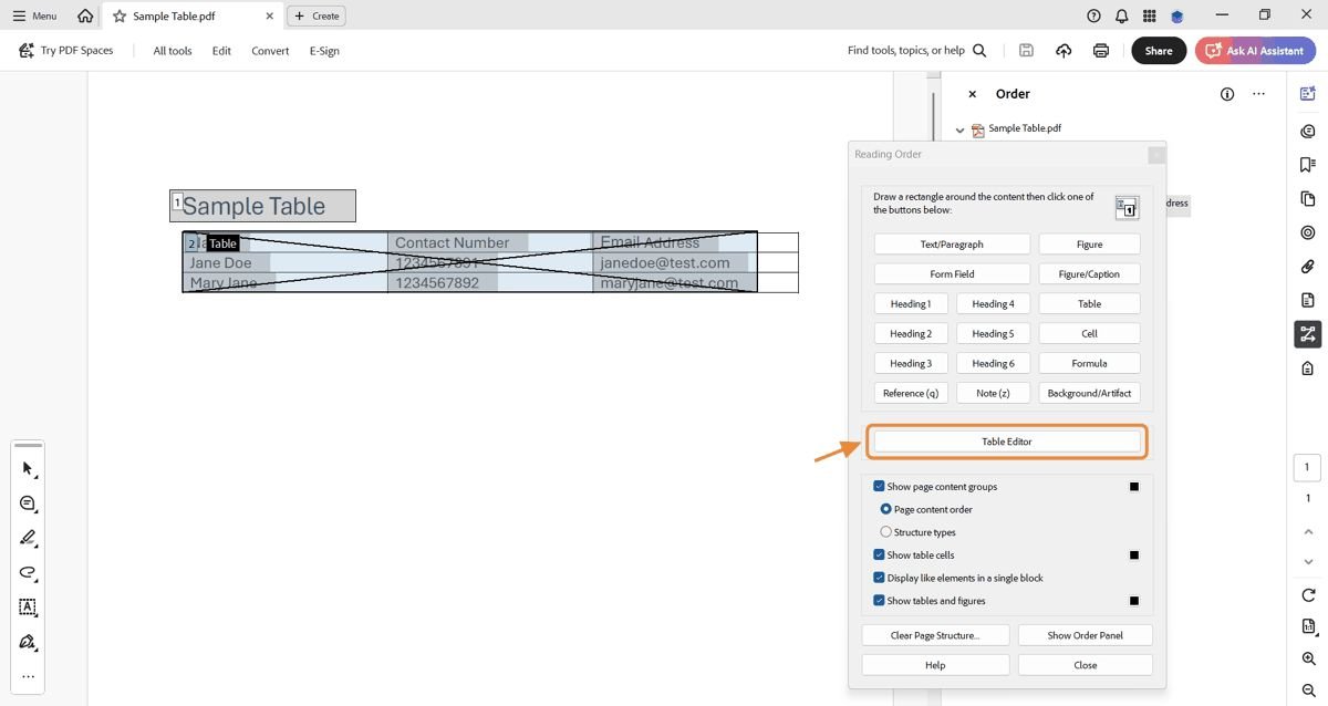 Image showing Adobe Acrobat Pro with the Reading Order panel open and the &ldquo;Table Editor&rdquo; button highlighted to confirm table reading order.
