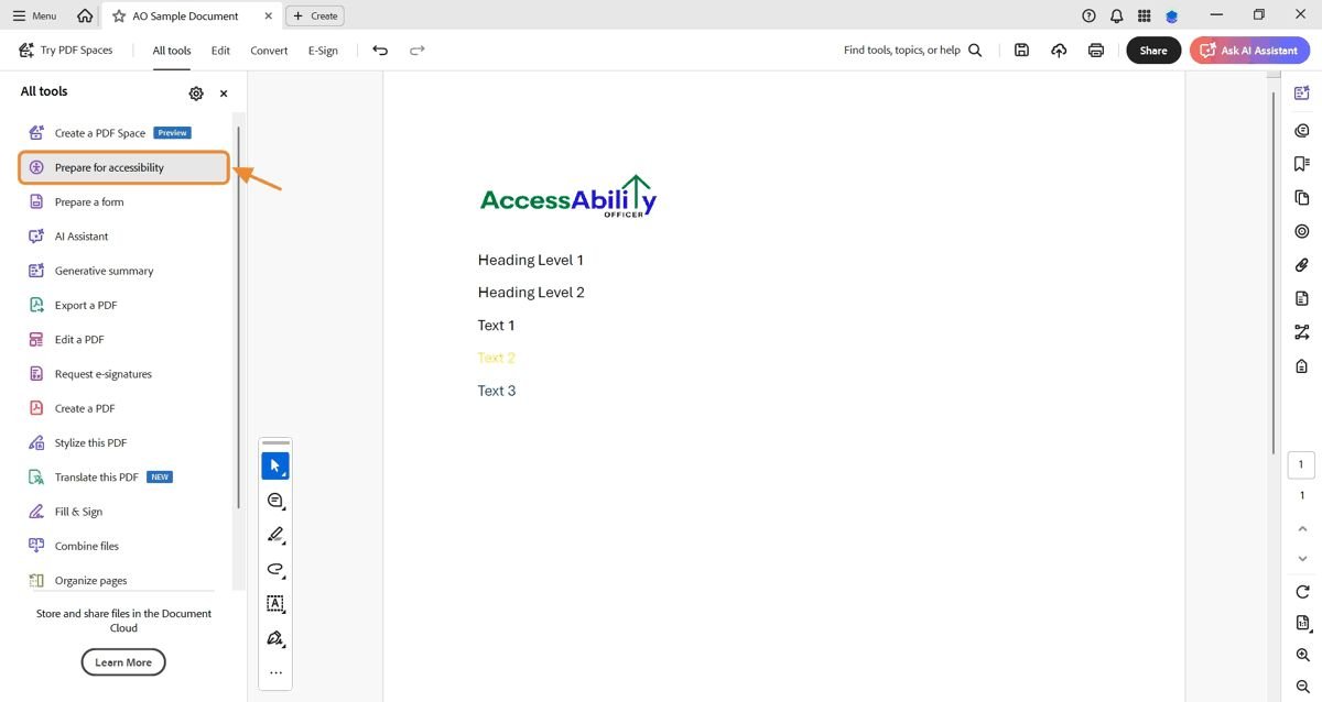 Adobe Acrobat window with &ldquo;All tools&rdquo; menu highlighted. An orange arrow points to &ldquo;Prepare for accessibility&rdquo; on the left toolbar.