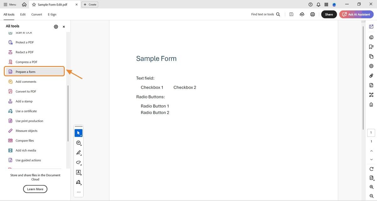 All tools panel with the Prepare a form option highlighted.