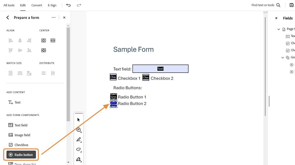Screenshot of Adobe Acrobat Pro with the Radio button option highlighted on the left toolbar. An orange arrow points to a selected radio button under the &ldquo;Radio Buttons&rdquo; section of the sample form.