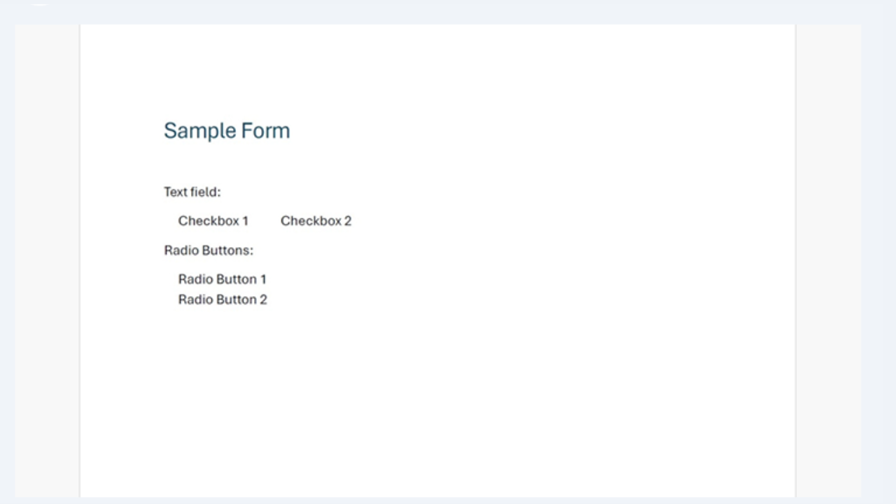Acrobat Pro screen with sample PDF form showing text fields and checkboxes for accessibility setup.