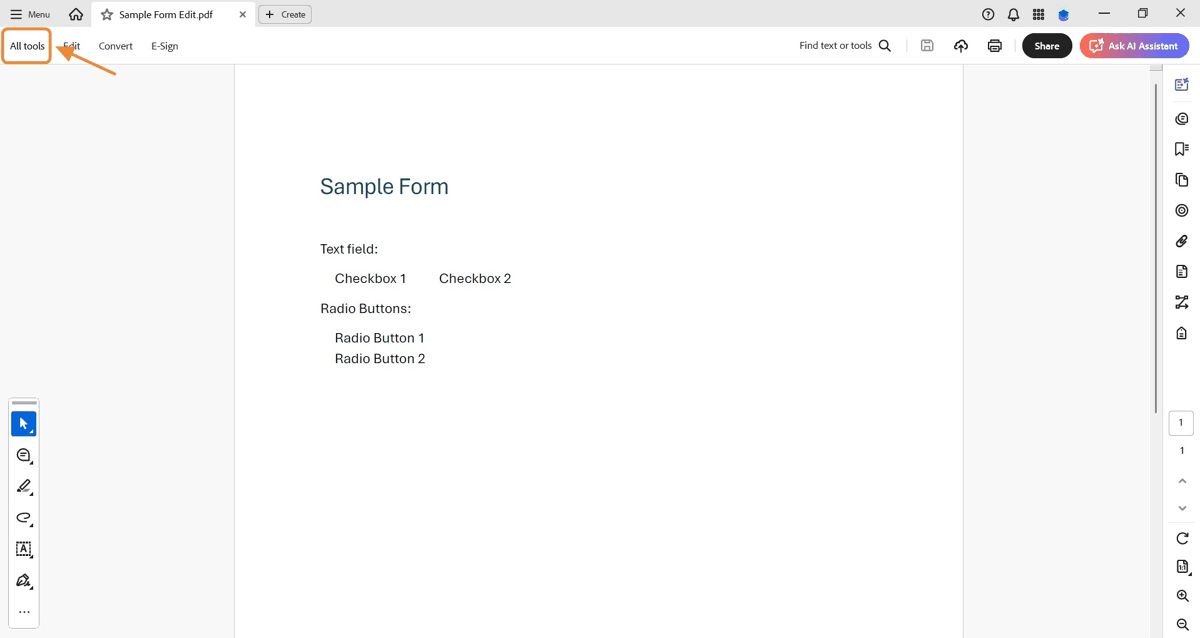 PDF editor interface with the All tools option highlighted.