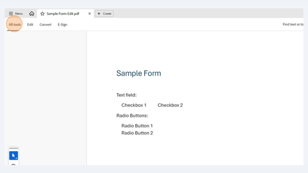 Acrobat Pro interface showing where to access the &ldquo;Prepare a form&rdquo; tool.