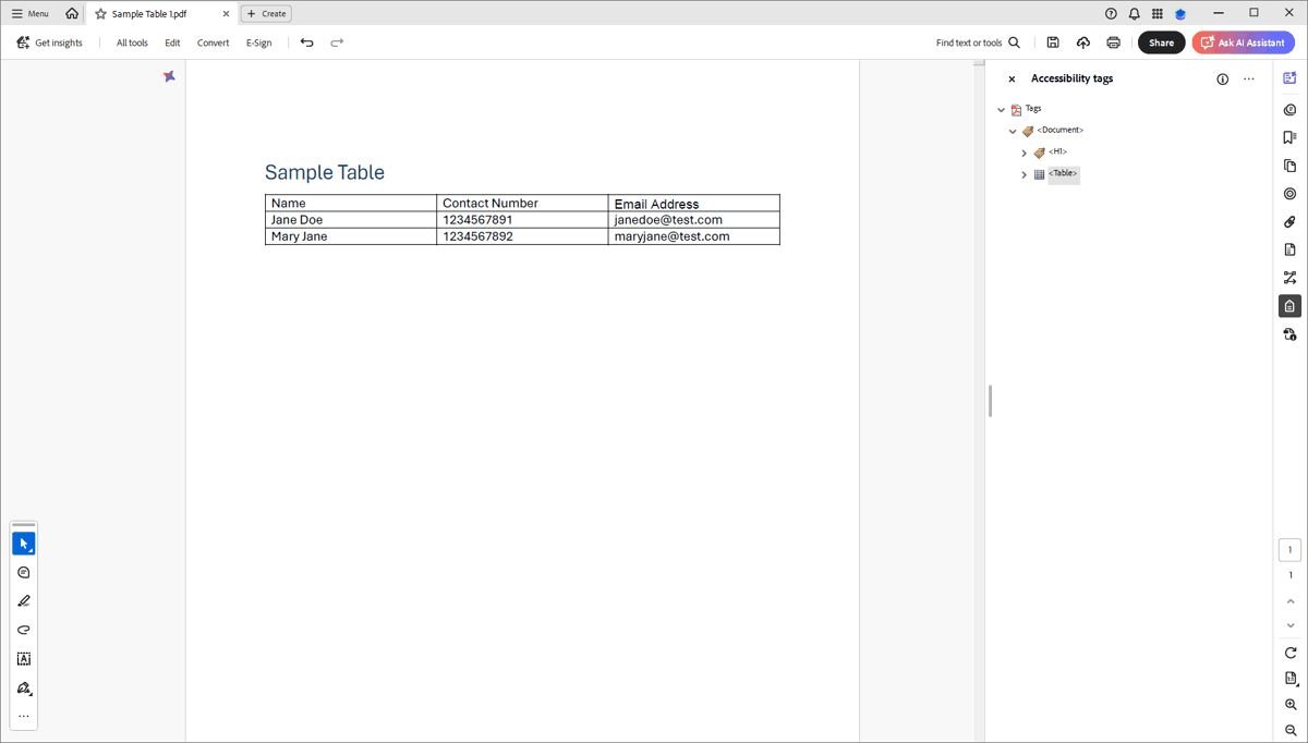 PDF with sample table and Accessibility Tags panel showing Document, H1, and Table.