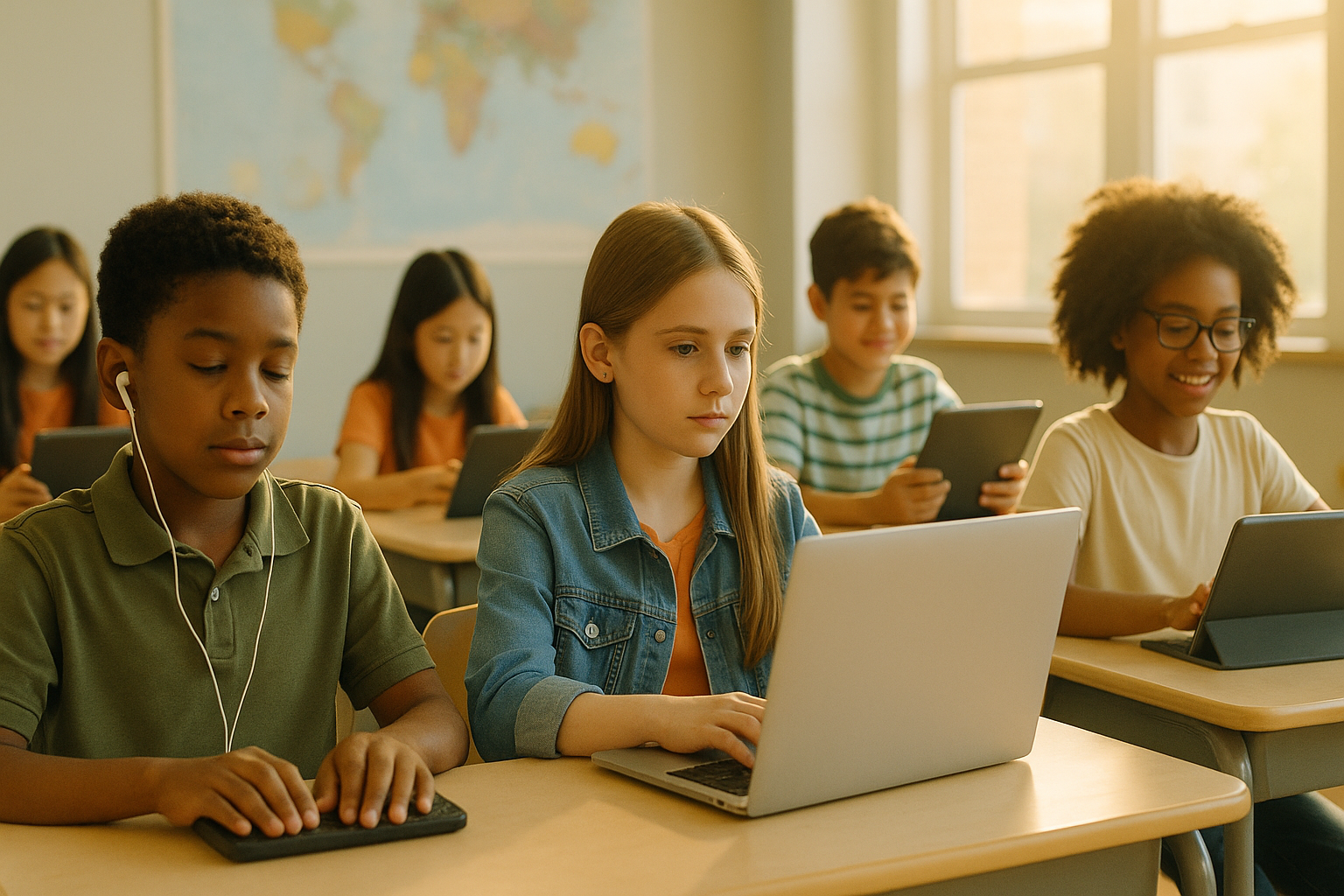 A diverse group of elementary&nbsp; students are using tablets and laptops, one student who is blind is using a screen reader with earbuds, highlighting the importance of digital accessibility and Section 504 in K-12 schools.