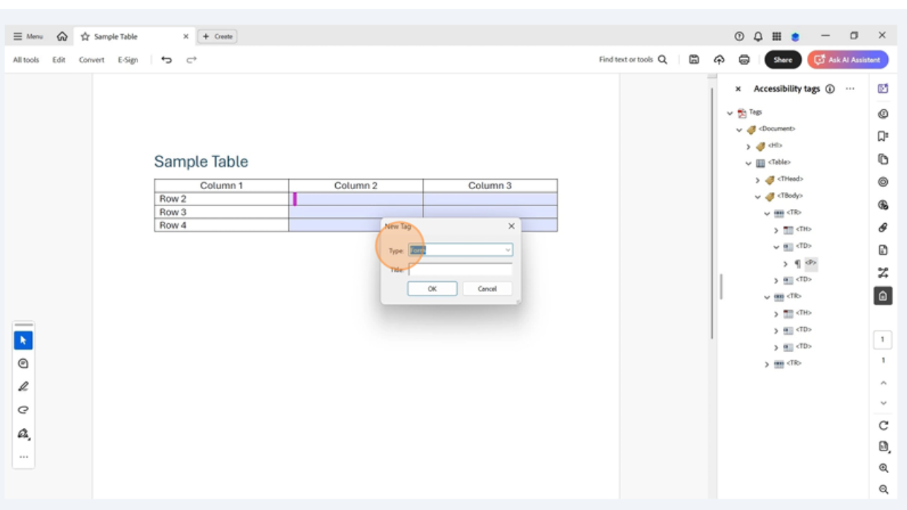 New Tag creation window in Adobe Acrobat Pro displaying Form tag being added to accessibility tag structure for proper PDF form field tagging.
