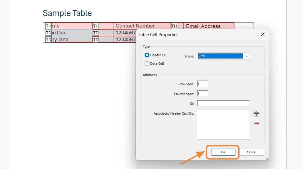 OK button highlighted in Table Cell Properties dialog.