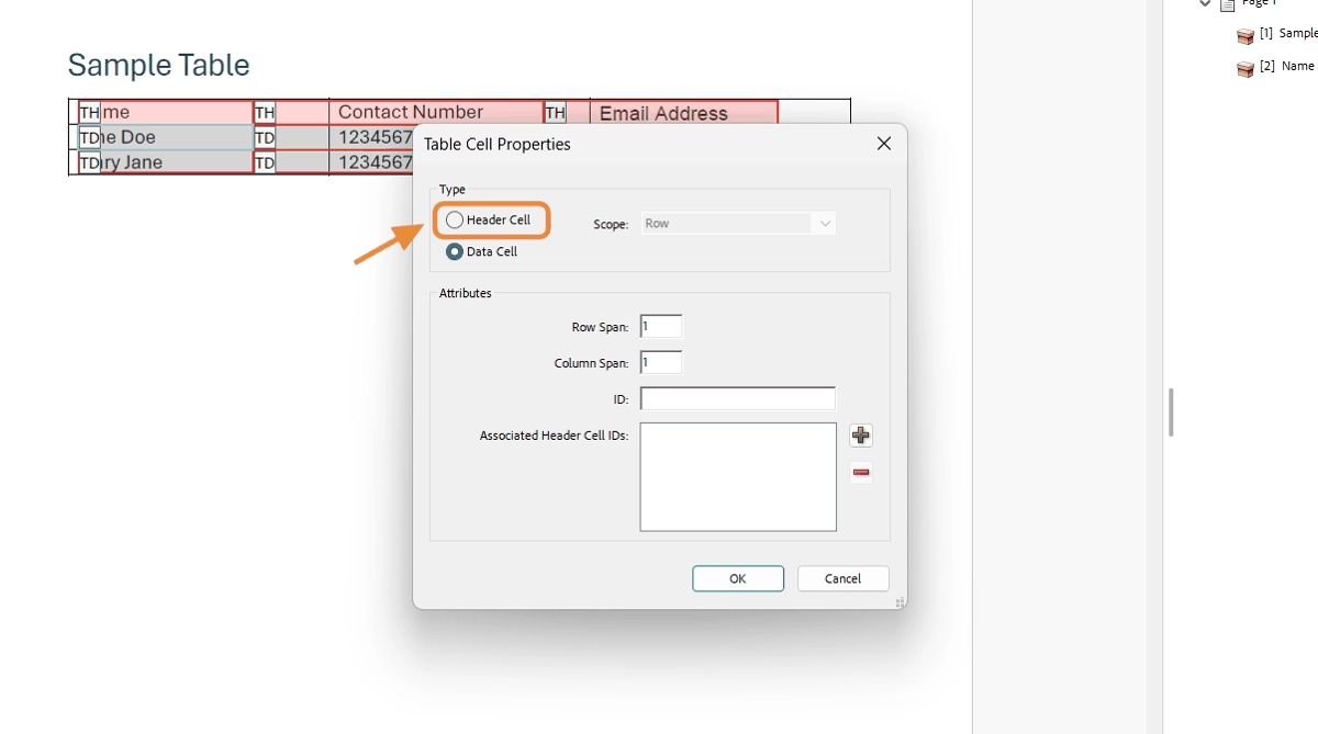 Table Cell Properties dialog with Header Cell selected.