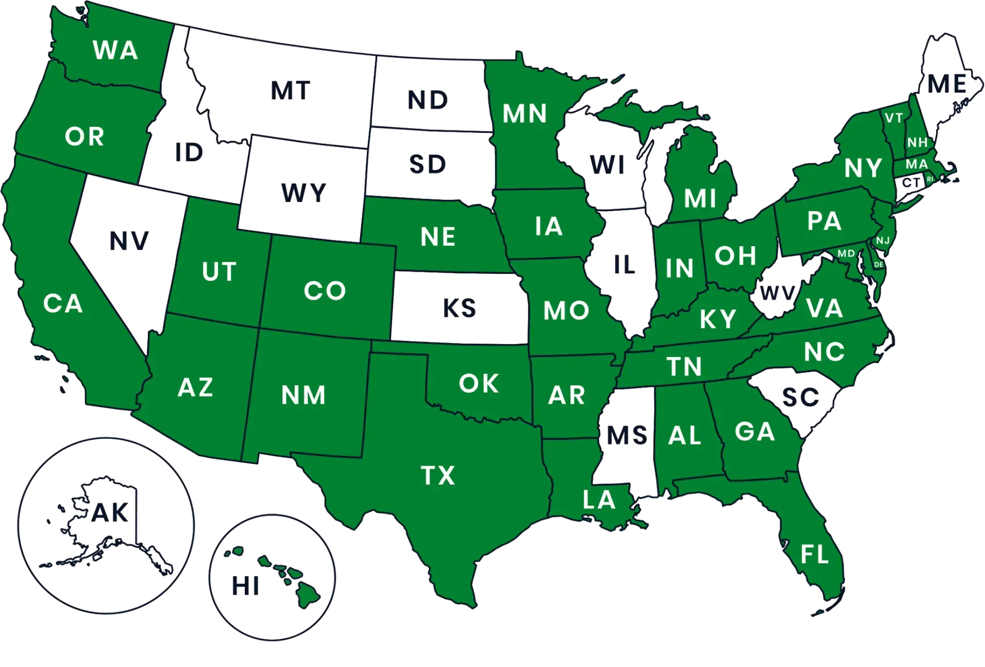 U.S. map highlighting in green the states where the Certified AccessAbility Tester (CAT) Program is available, including California, Texas, Florida, New York, and 33 other states.