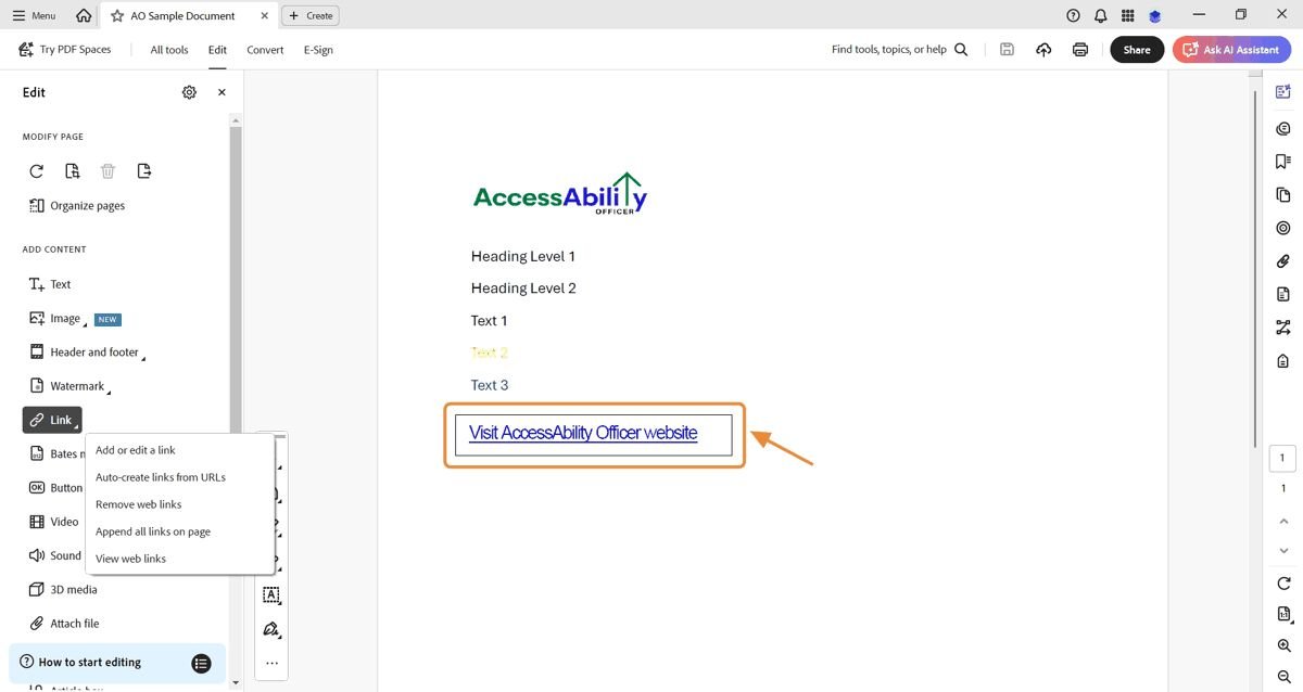 Edit URL dialog box in Adobe Acrobat. The URL &ldquo;https://accessabilityofficer.com/&rdquo;  is entered, and the OK button is highlighted.