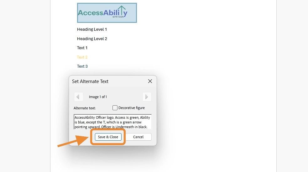 Dialog box titled Set Alternate Text is open with the AO logo description already typed. An orange arrow points to the &ldquo;Save & Close&rdquo; button.