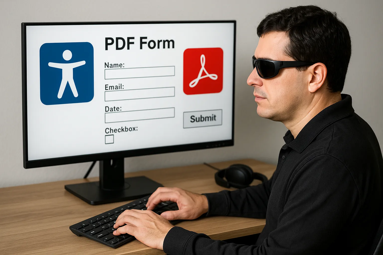 Person wearing sunglasses using keyboard at monitor displaying PDF form with accessibility icon