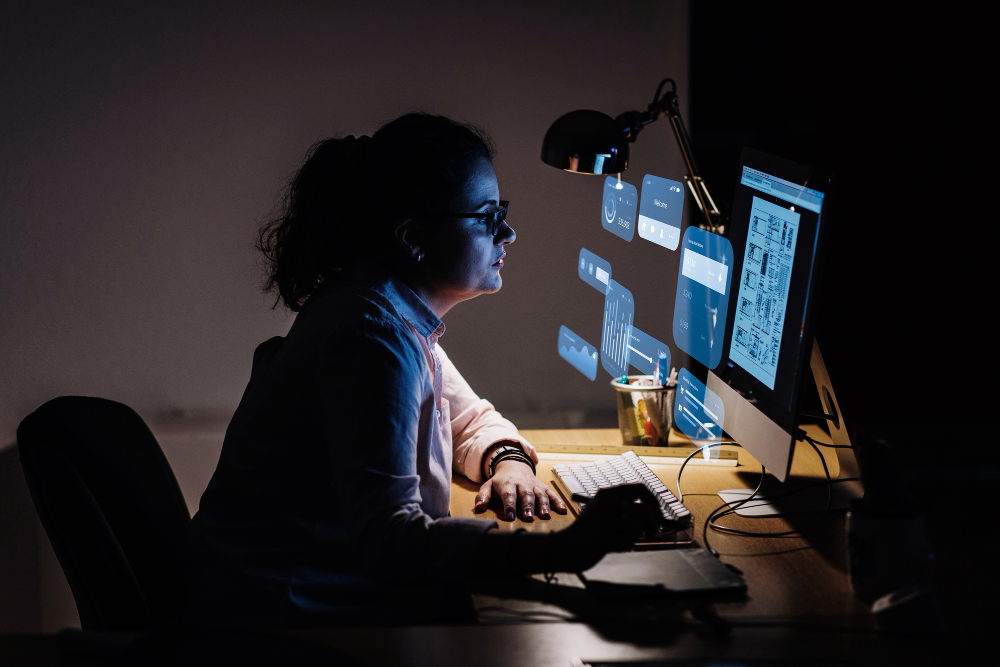Person with glasses working at computer with accessibility testing interface and design documents on screen