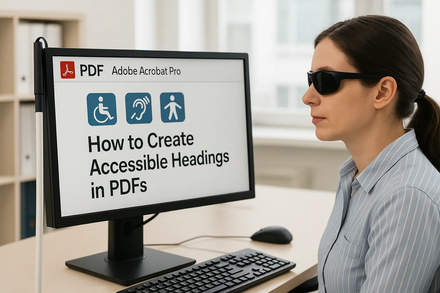 Monitor displays How to Create Accessible Headings in PDFs, a guide for government agencies, with accessibility icons