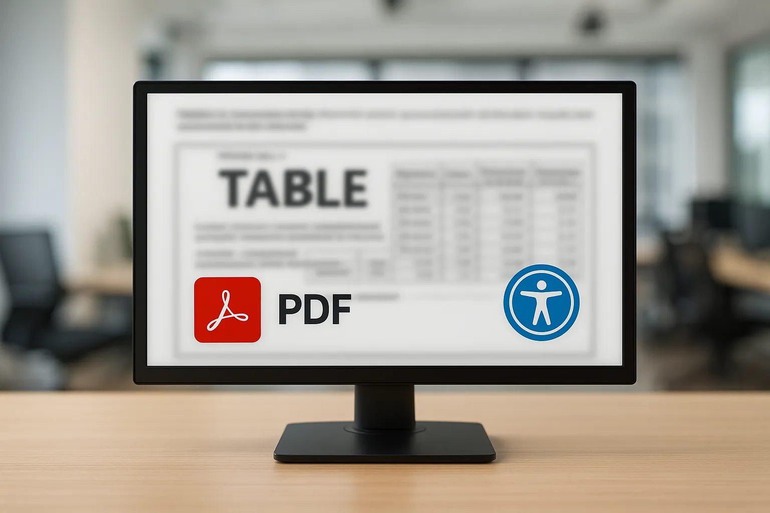 Computer monitor showing PDF document with TABLE heading, PDF logo, and accessibility icon