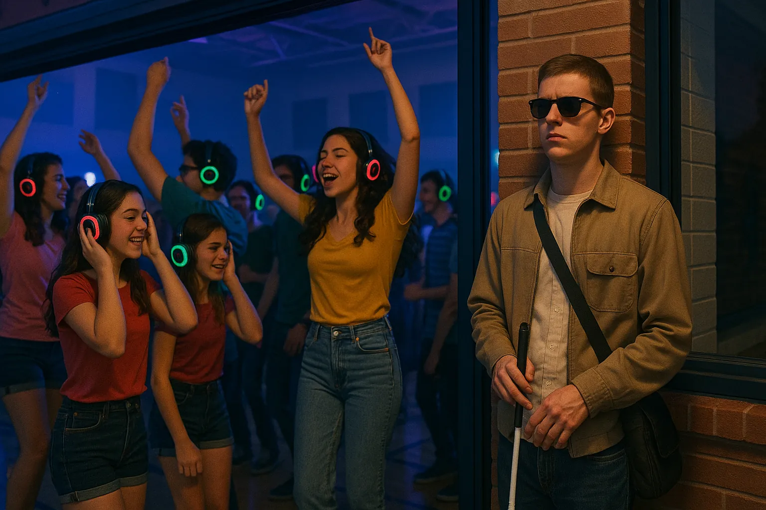 Young blind man with cane and sunglasses stands outside silent disco, highlighting contrasting accessibility experiences