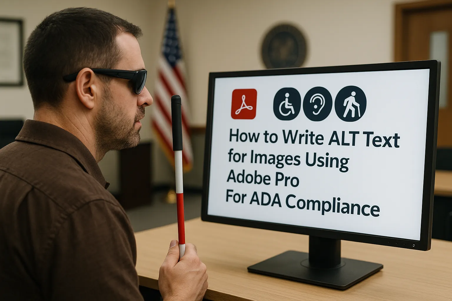 Blind professional reviewing PDF accessibility guide on writing ALT text in Adobe Pro