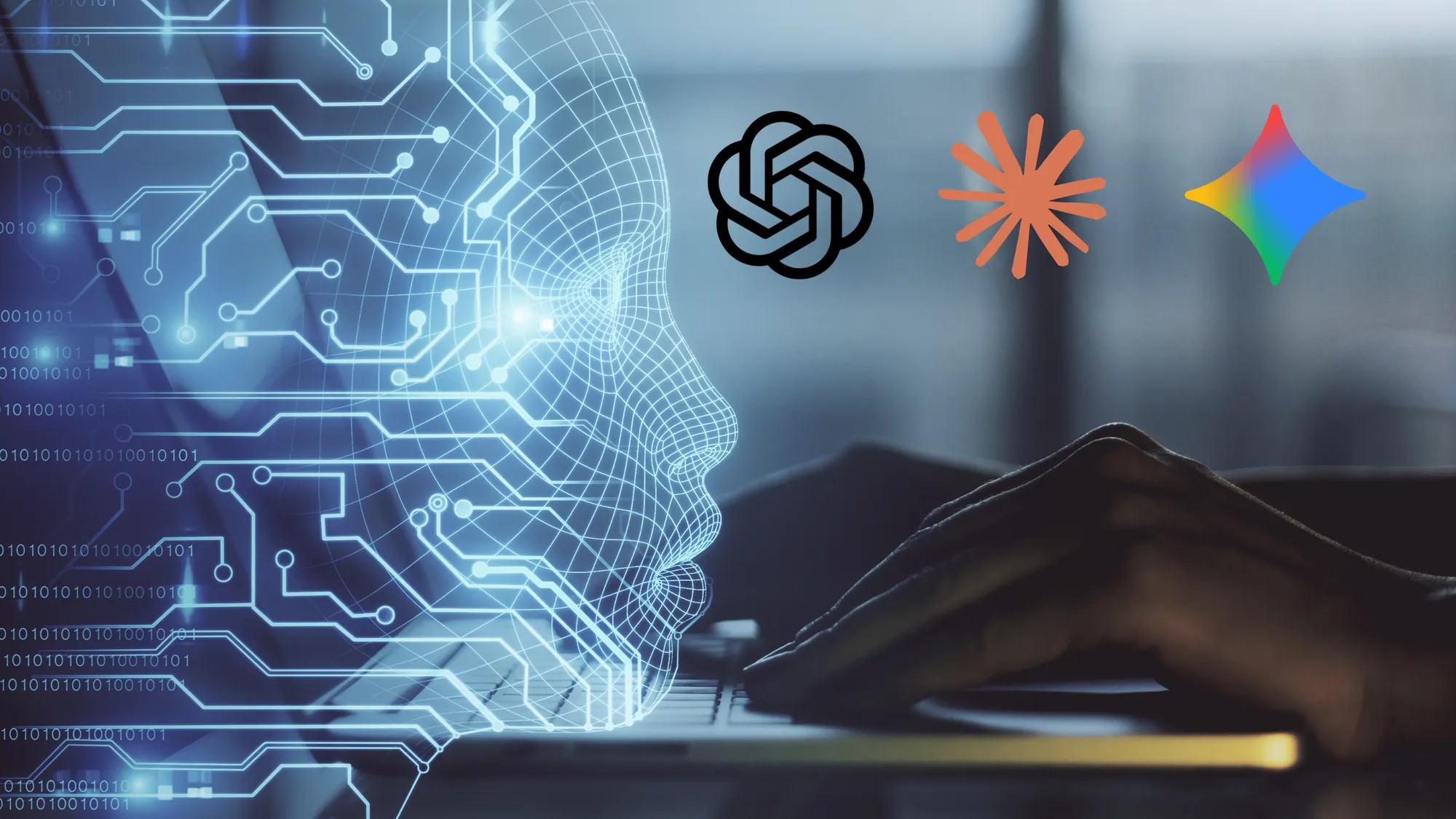 Digital illustration of an AI-generated face formed by circuit patterns beside hands typing on a laptop. Logos representing major AI tools appear above (Claude, ChatGPT, Gemini).