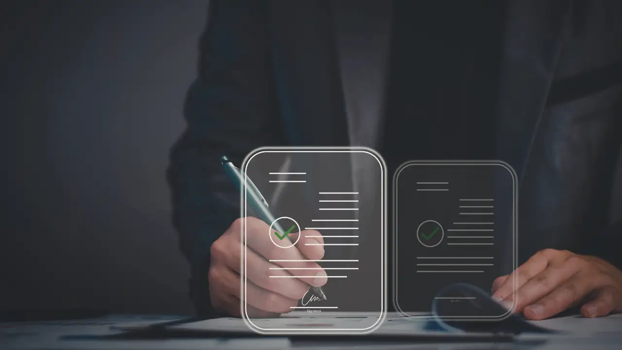 Person signing a document with digital signature interface overlay showing completed and approved status