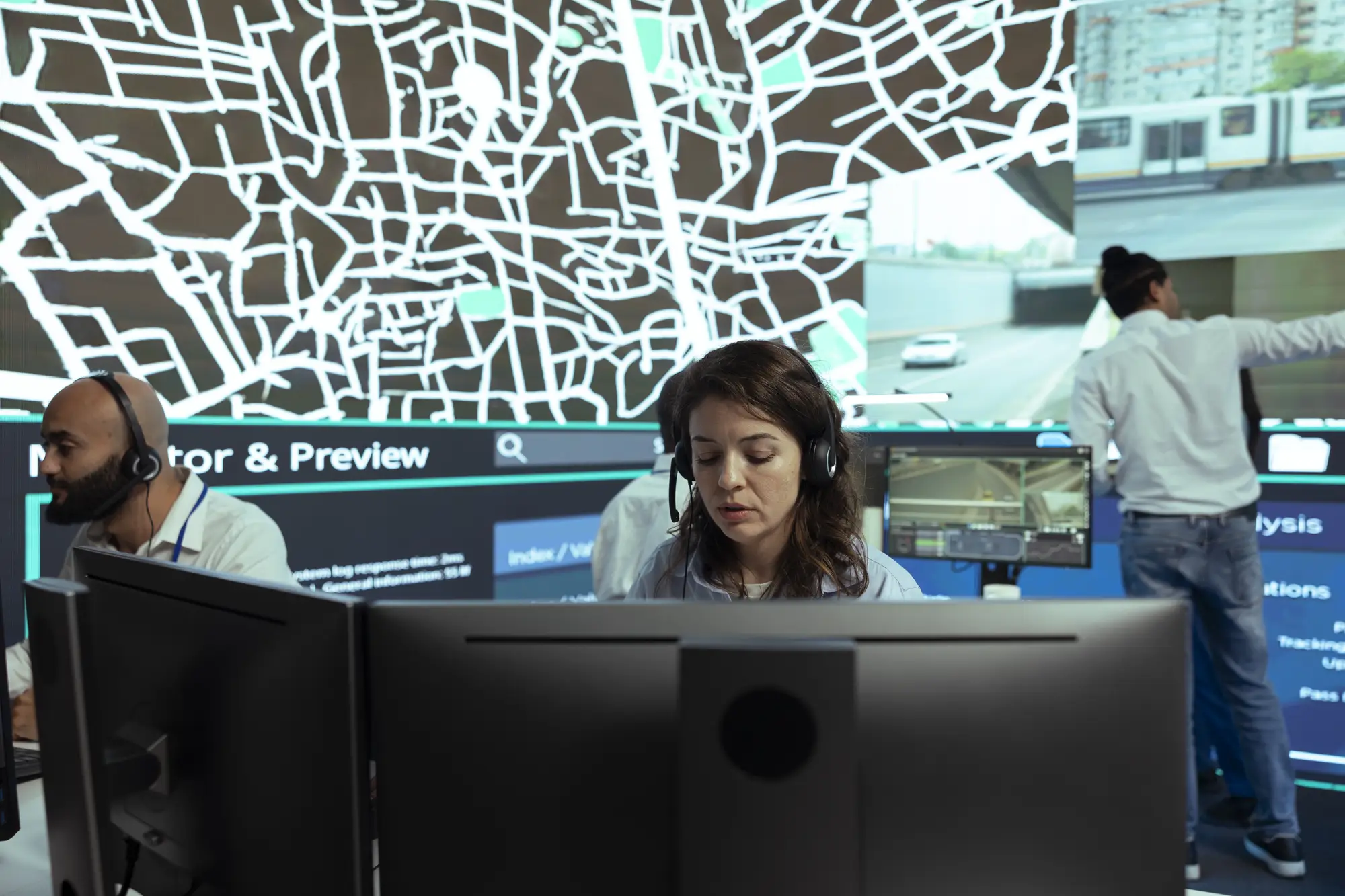 Woman wearing a headset monitoring traffic and transportation data on multiple large digital displays in a control center.