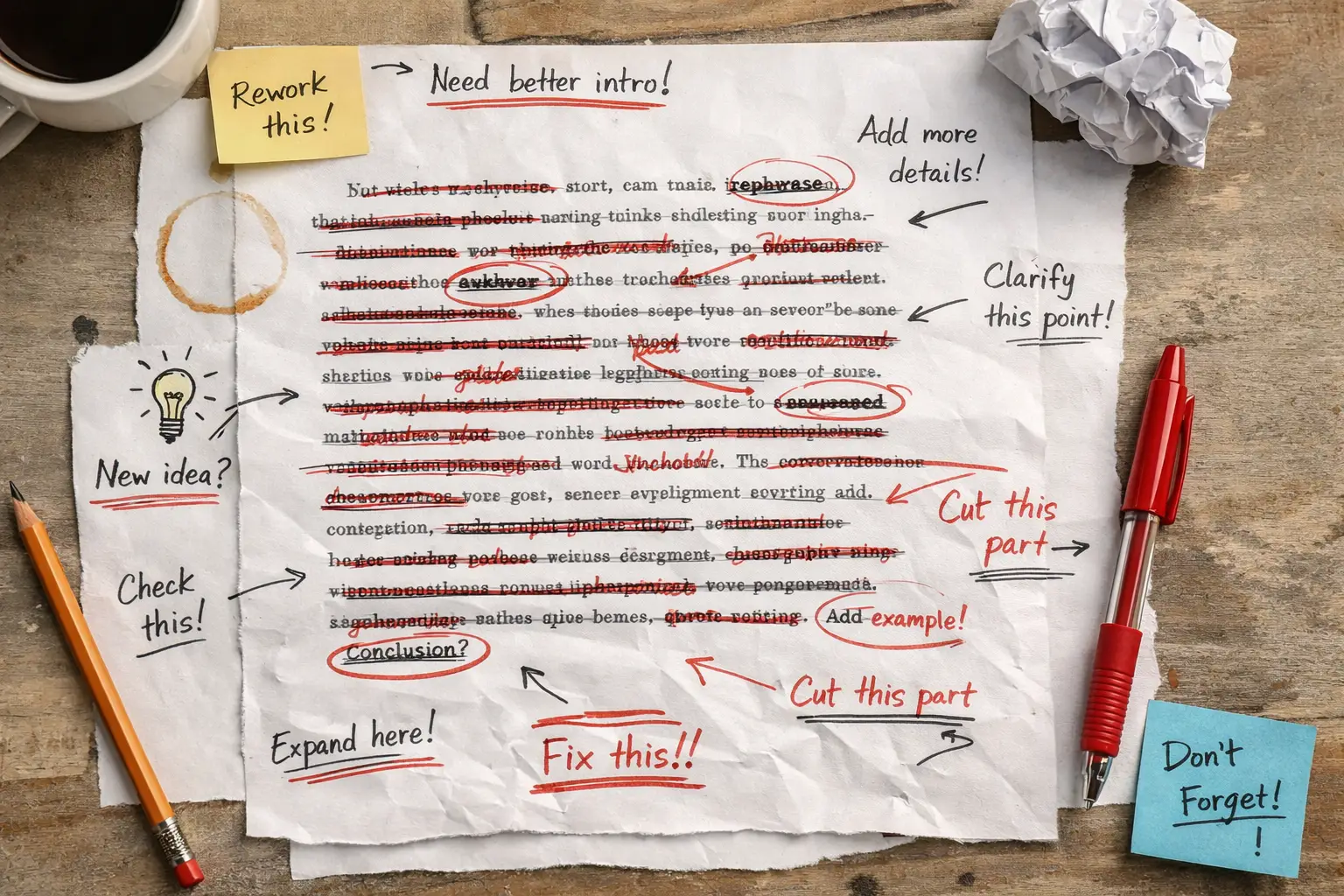 A printed page covered with heavy editing marks and handwritten notes such as Need better intro, Add more details, Clarify this point, and Cut this part. Red pen corrections, arrows, and circles appear across the page, with a pencil, red pen, sticky notes, and a coffee cup on the desk, suggesting extensive revisions.