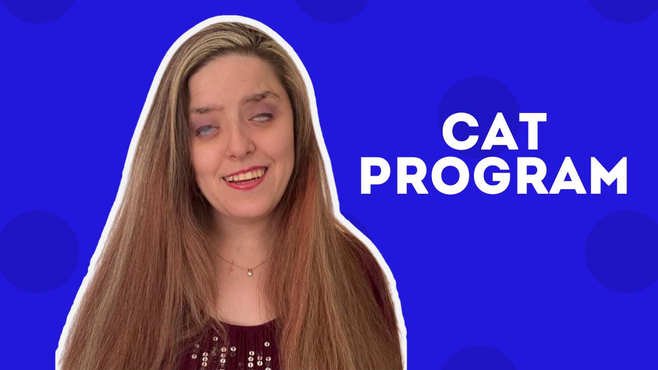 Ellie Alvarado, blind Certified Digital Accessibility Tester, smiling confidently against blue background with CAT PROGRAM text
