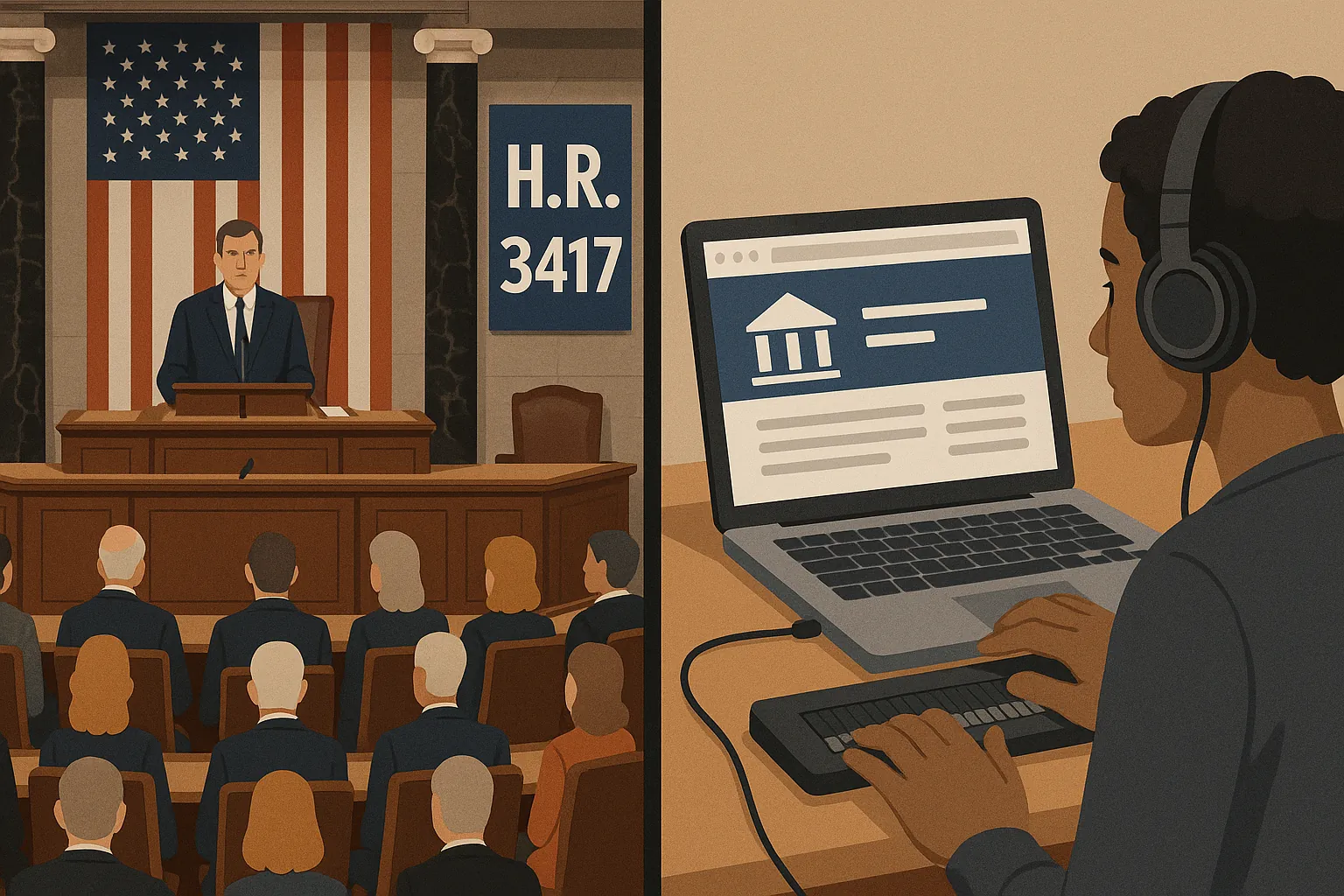 Congressional hearing on H.R. 3417 and person using screen reader on laptop