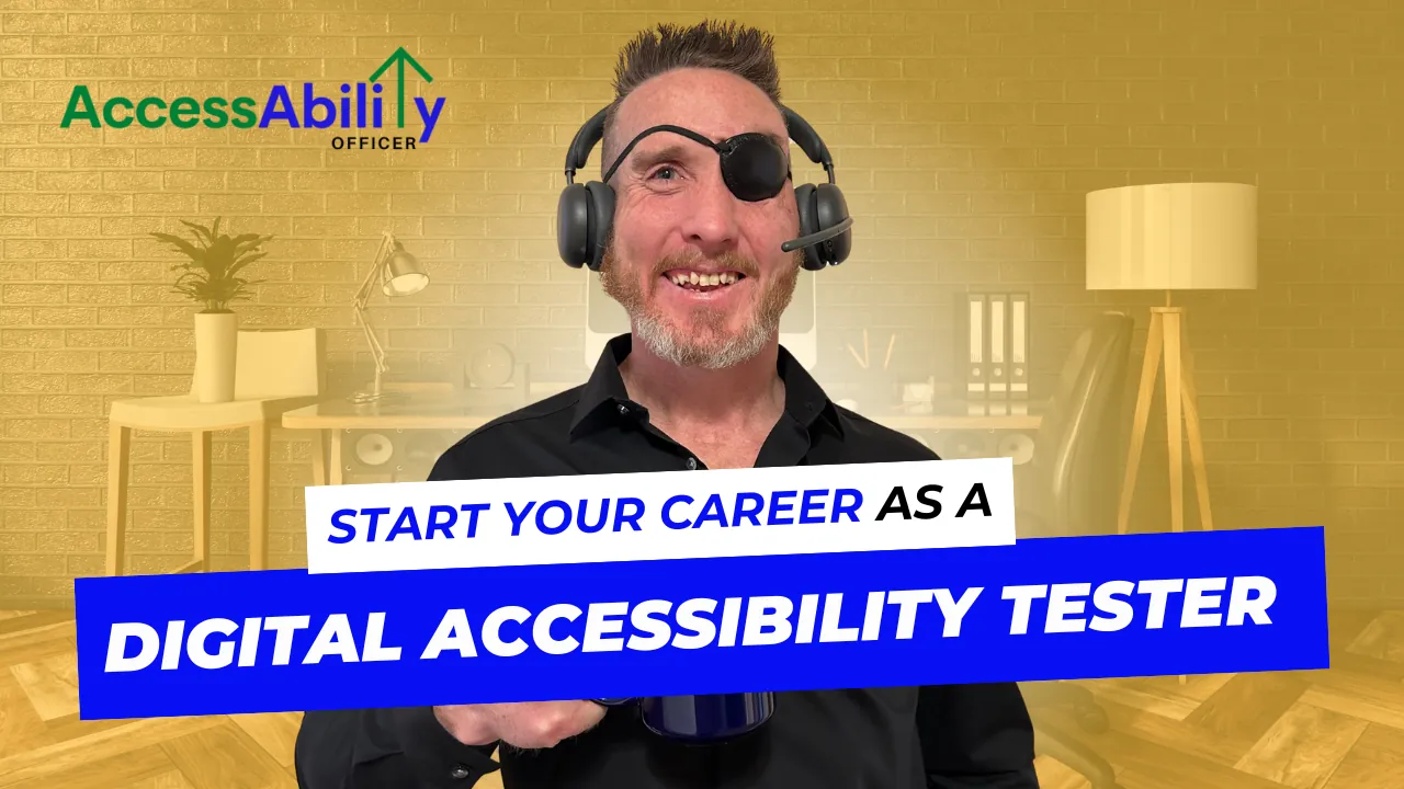 Tanner Gers, blind CEO of AccessAbility Officer, wearing a headset and holding a coffee mug
