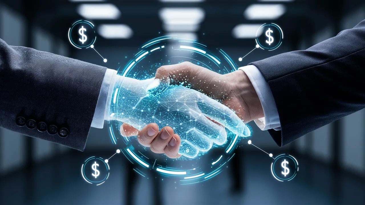 Business handshake with digital overlay showing dollar signs and network connections