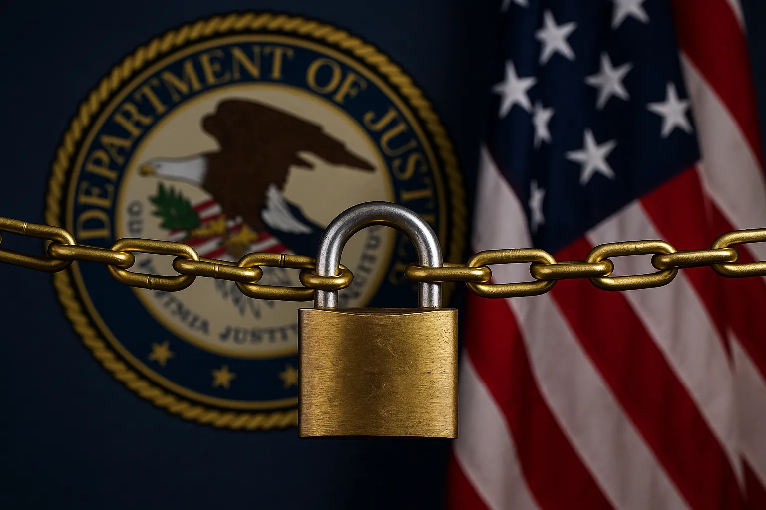 Padlock and chain with Department of Justice seal and American flag