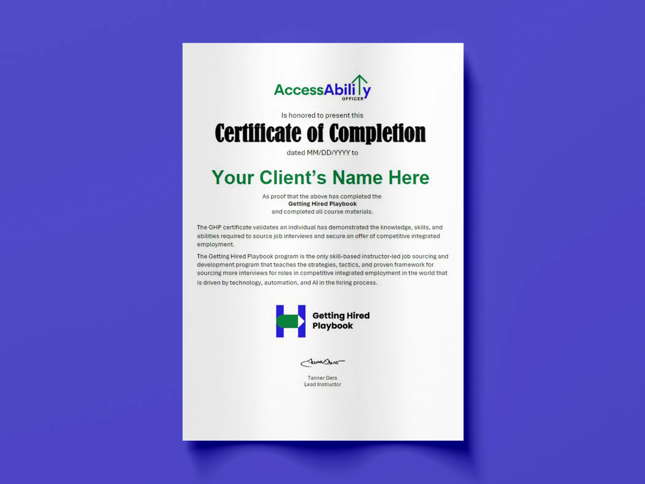 Certificate of Completion for Getting Hired Playbook program issued by AccessAbility Officer
